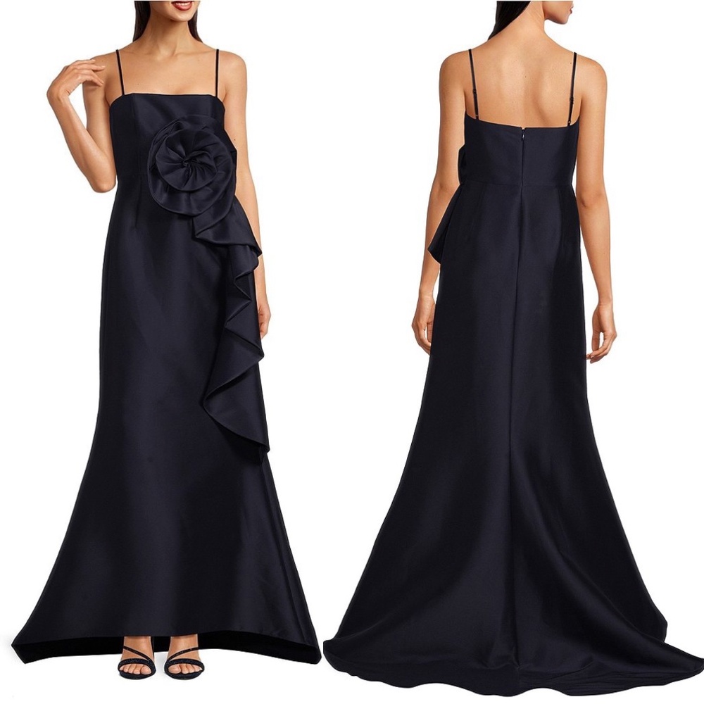 NWT Muse by Marchesa Stretch Mikado 3D Rosette Running Side Ruffle Maxi Dress